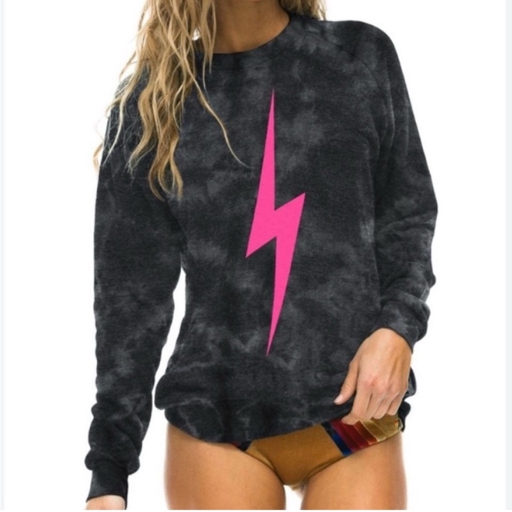 Aviator Nation Black Tie-Dye Sweatshirt with Pink Lightning Bolt